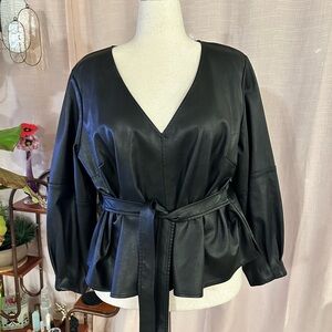 ELOQUII Faux Leather V-Neck Belted Top